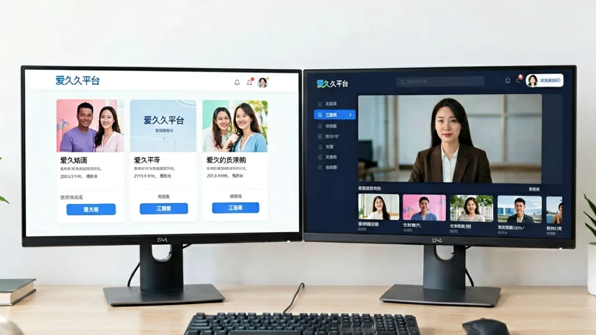 爱久久与同类视频平台在电脑屏幕上并排展示，用于多维度横向对比分析
