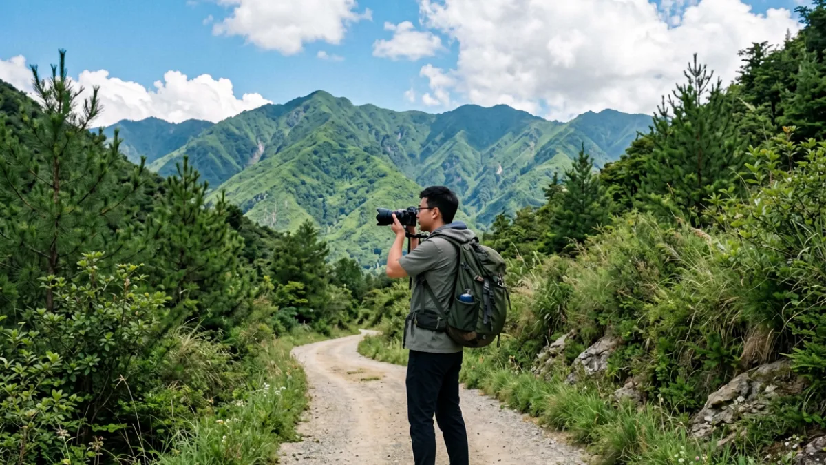 旅行博主在山间小路上拍摄自然风光，画面色彩明亮，远处是连绵山脉与蓝天白云