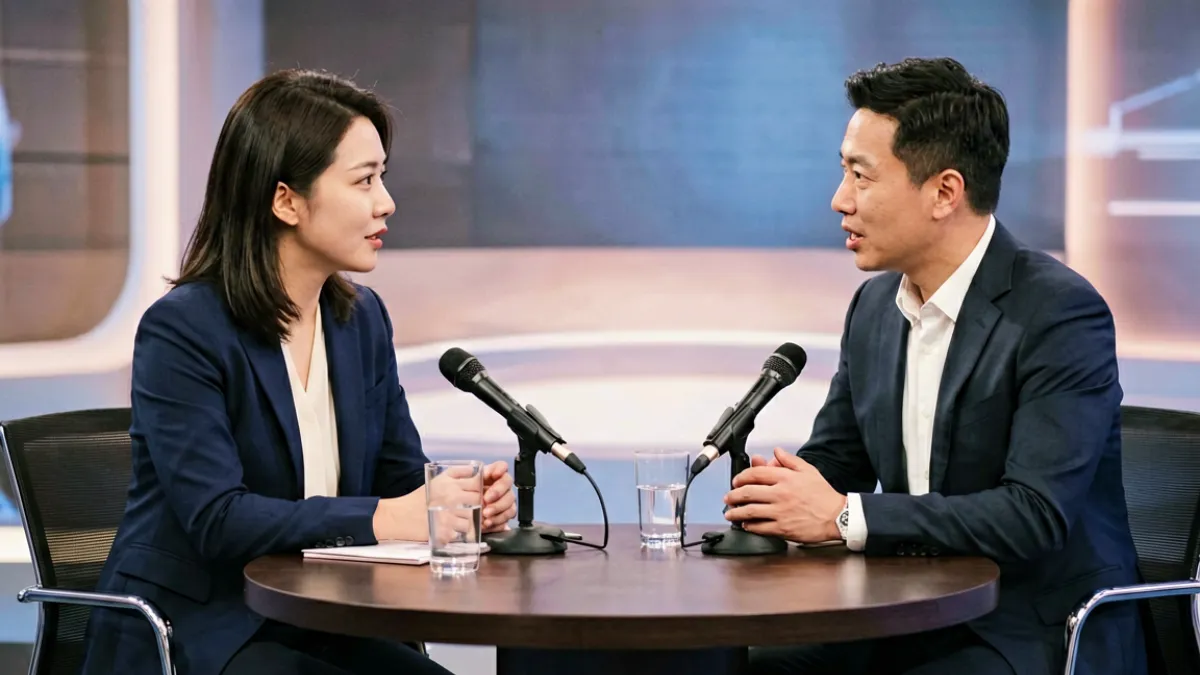 两位主持人面对摄像机坐在演播桌前进行对谈，台灯与背景灯光营造专业访谈氛围